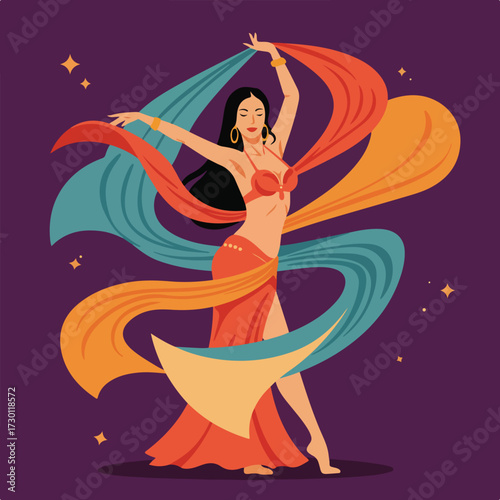 Woman belly dancing with colorful translucent scarves against a dark purple backdrop