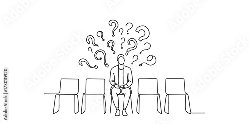 Minimalist line art illustration of a man sitting alone in a waiting room with empty chairs and question marks above his head, symbolizing confusion, doubt, stress, job interview anxiety