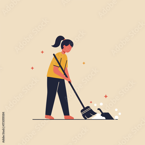 Flat illustration of woman cleaning with a broom, sparkles, and soapy suds