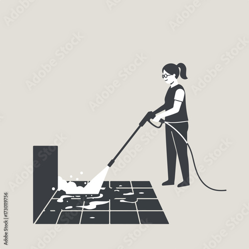 Woman power washing tiles with jet stream flowing near drain against beige backdrop