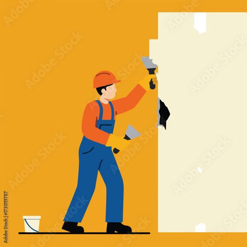 Worker repairing a wall with putty, wearing hardhat and overalls on orange backdrop
