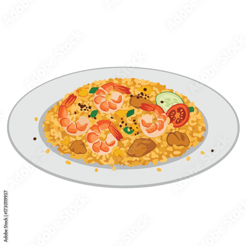 Shrimp fried rice with vegetables on plate