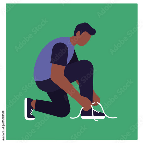 Person tying shoelaces against green background, illustrated in flat style