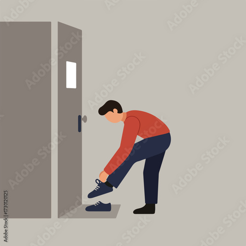 Man bending, tying shoelaces near door. Simple shapes, neutral colors