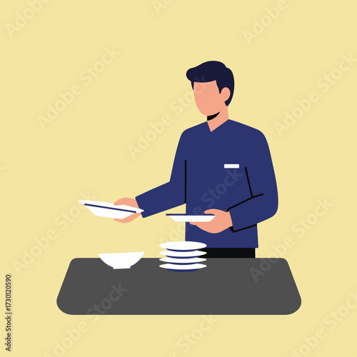 Flat-style illustration of a server with a stack of plates on a table