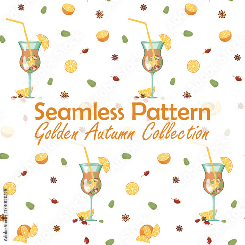 Warm Autumn Seamless Pattern of Hot Mulled Wine, Orange Slices, Anise, Mint Leaves, and Rosehip