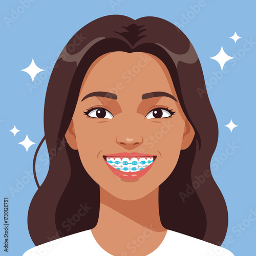 Smiling woman with braces. Stars sparkle around her against light blue background