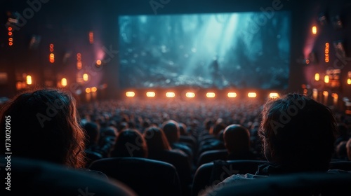 People enjoying a film on the big screen in a crowded movie theater