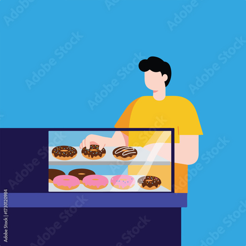 Man selects donut from display case filled with sweet treats