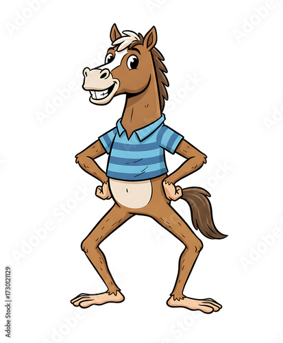 A Cartoon Horse Wearing a Blue T-Shirt and Standing with Hands on Hips