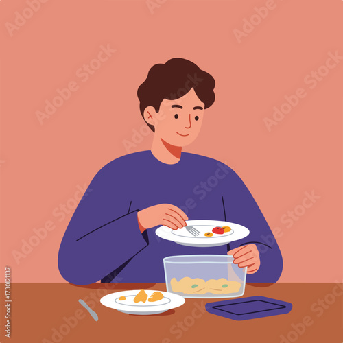 Eating man transfers leftovers to container at table with fork, plate