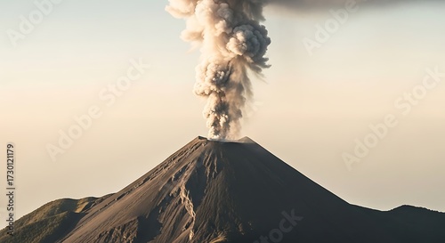 Dramatic volcano erupting with plume of ash and smoke against a clear sky, ideal for disaster preparedness, environmental issues, or travel adventure content