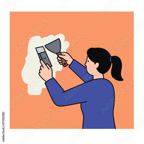 Woman with ponytail spackling wall with a trowel