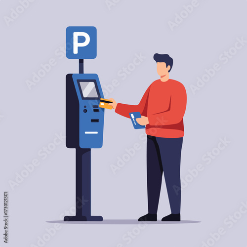 Man at a parking meter paying with a credit card on a light purple background