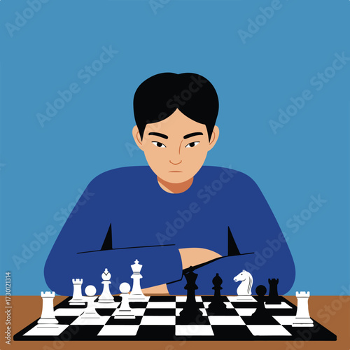 Man with arms crossed over a chess board, deep in thought against a blue background