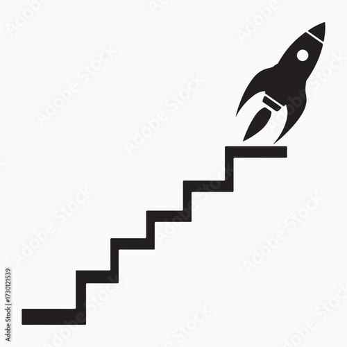 Rocket Launching from the Top of a Staircase Symbolizing Success and Growth Vector Icon.