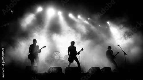 Silhouetted musicians playing instruments at a live concert with dramatic stage lighting and fog