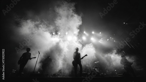 Band members silhouetted by bright lights and smoke while playing instruments during a concert