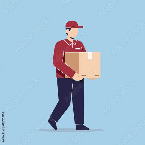 Delivery person carries cardboard box in stylized vector against light blue