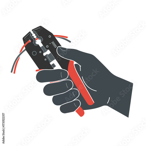 A hand holds crimping pliers with wires
