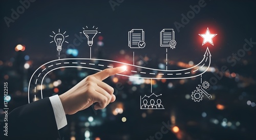 Hand touching glowing road with idea, document, analytics and star icons