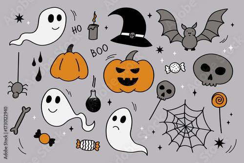 Vector cartoon set for Halloween with pumpkins lantern, bat, spider web, stars, potion, candies, plants, ghosts. Hand drawn fall elements for celebrating autumn Saints holiday for design, card, flyer