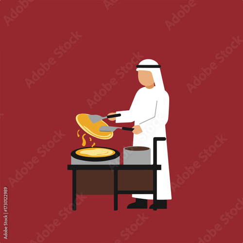 Arab making crepe on cart, wearing white thobe & keffiyeh on red background