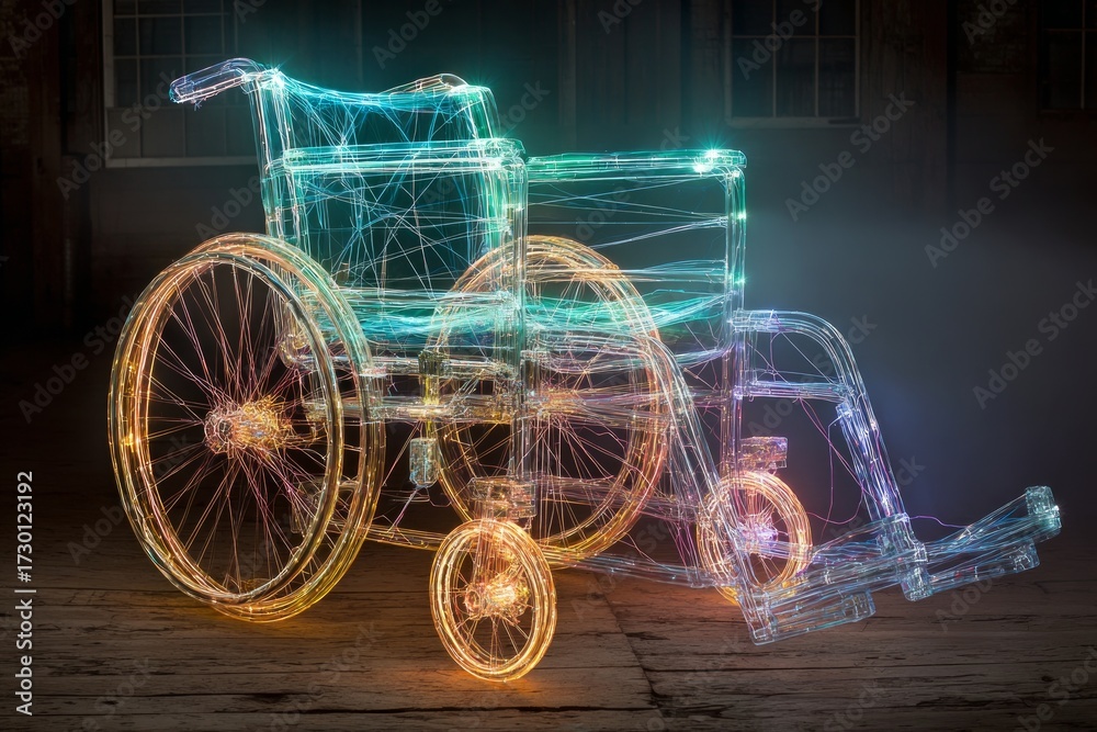Fototapeta premium Illuminated wireframe wheelchair representing futuristic accessibility technology