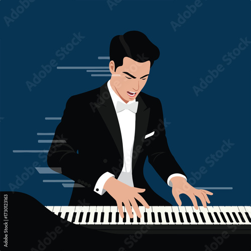 Animated pianist in tuxedo plays enthusiastically on keys, against a dark blue