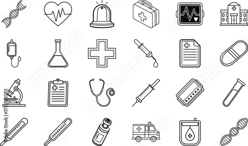 Hospital, Ambulance, DNA, Pills, Syringe, Stethoscope, Microscope, First Aid Kit, Thermometer, Report, Injection, Emergency Bell, Vaccine, Laboratory Flask, and Medical Cross Line Icons on White Backg