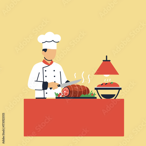 Chef slices meat in kitchen