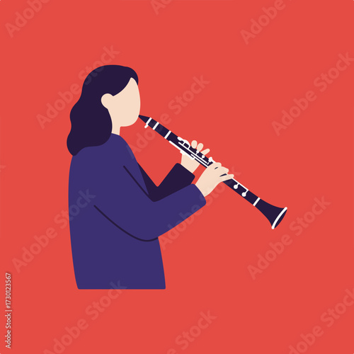 Woman plays clarinet, minimalist, facing right, against a coral background