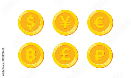 Golden Coin Icons with Currency Symbols Vector Set. US Dollar, Euro, Pound Sterling, Yen, Yuan, Ruble, shiny gold coins isolated. Financial, economic, crypto, investment design concepts.