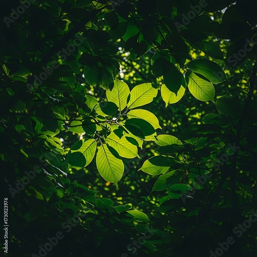 Sunlight filtering through lush green leaves in a dense forest canopy