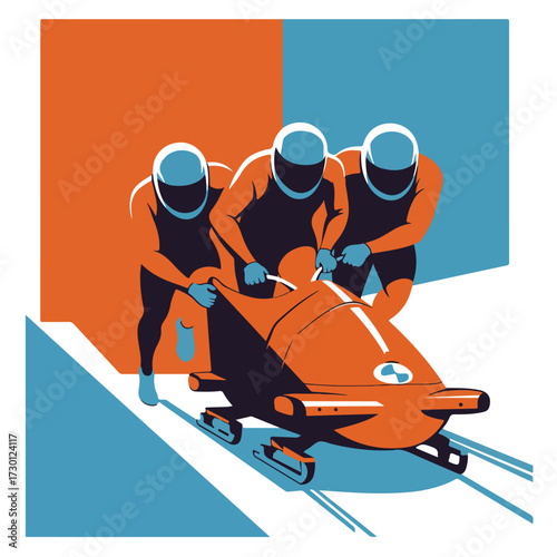 Bobsleigh team in orange and blue stylized graphic illustration