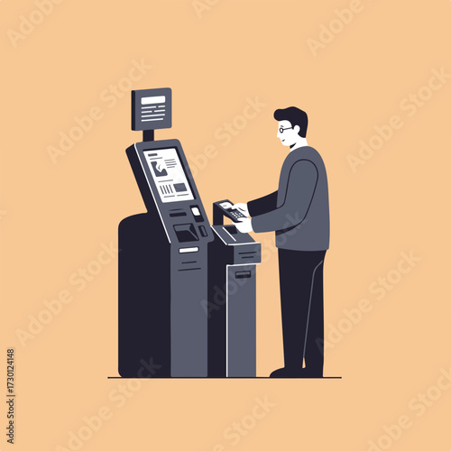 Man interacting with a modern self-service kiosk on a simple, solid background
