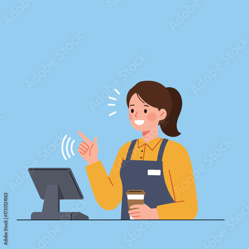 Smiling barista using touch screen to pay