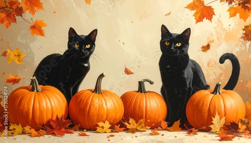 Vintage Halloween party background with black cats, orange pumpkins, and falling autumn leaves, clear space for message