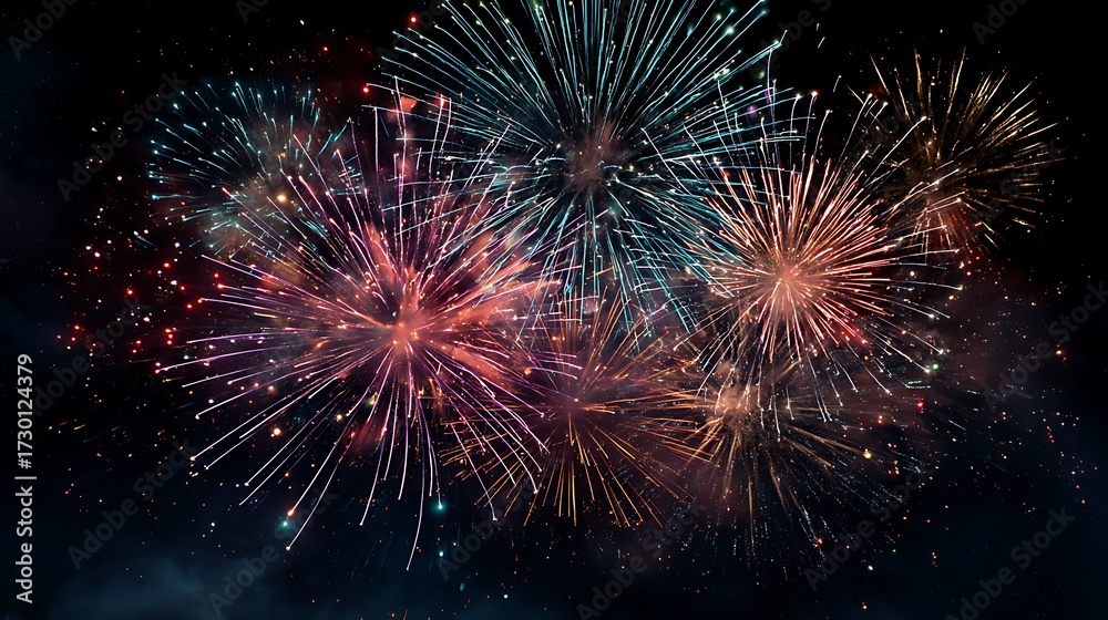 Naklejka premium Vibrant Fireworks Display Illuminating the Night Sky with Explosions of Color and Light