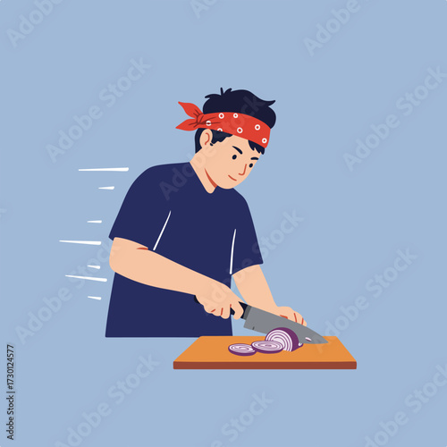 Man with bandana slicing onion on wooden board, preparing food, blue background