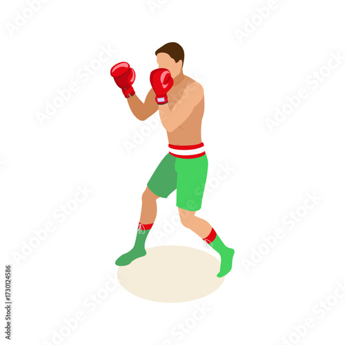 Boxer in Fighting Stance Ready to Punch with Red Gloves and Green Shorts