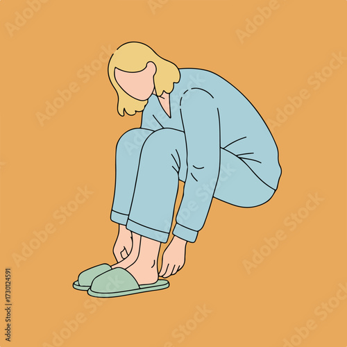 Cartoon woman in pajamas putting on slippers, on warm orange ground