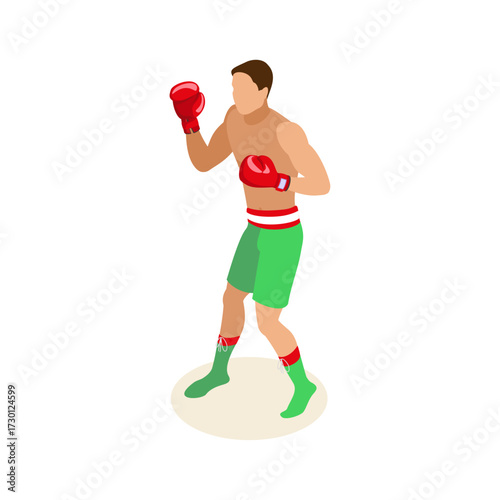 Isometric Illustration of a Boxer in Red Gloves and Green Shorts Ready to Fight