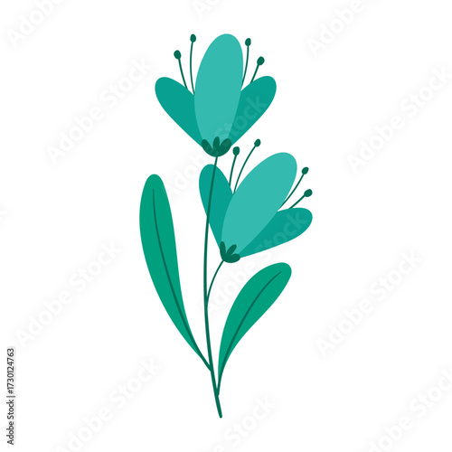 Simple Blue Flower Illustration with Green Stems and Leaves on White Background