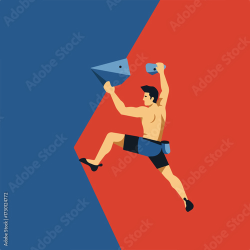 Climber with minimal design on blue and red wall with climbing holds