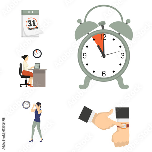 Conceptual imagery depicting time management, deadlines, and punctuality through a collage of clocks, calendars, and busy individuals