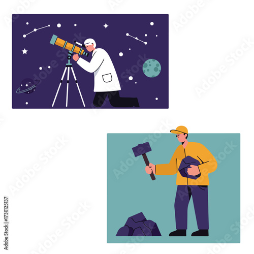 Scientists exploring space and geology depicted in two panels