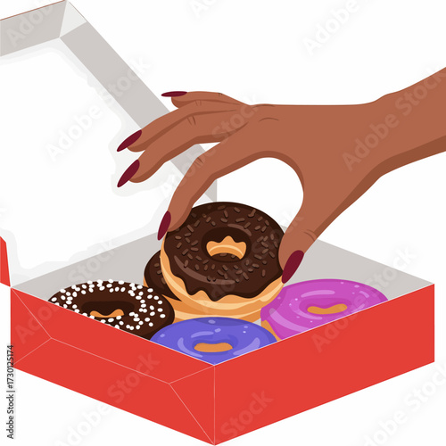 A woman's hand with a dark red manicure picking a chocolate frosted donut from a red box of assorted colorful donuts.