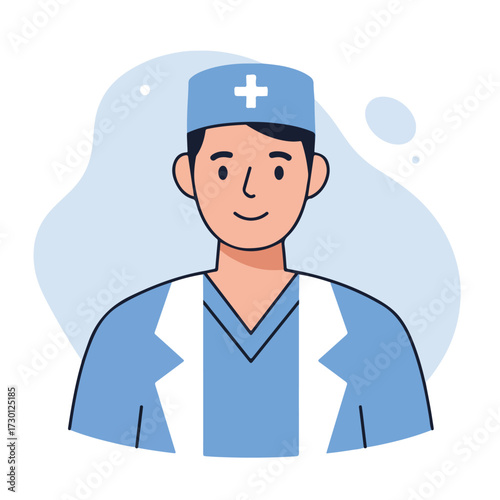 Cartoon doctor with blue scrub hat and coat on a blue patterned background