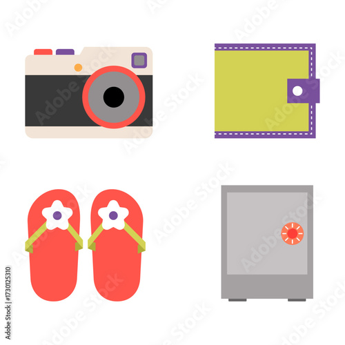 Travel essentials camera, wallet, flip-flops, and a safe for your belongings